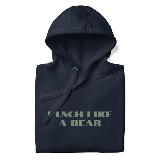 Black hoodie with 'PUNCH LIKE A BEAR' text on a white background