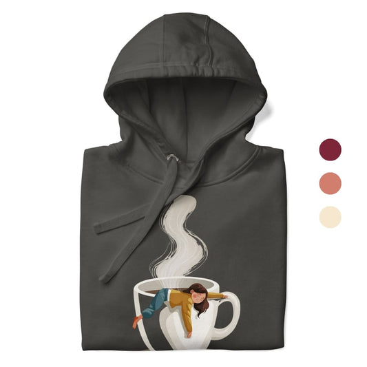 Dark gray hoodie with a design of a person in a coffee cup and steam, on a white background.