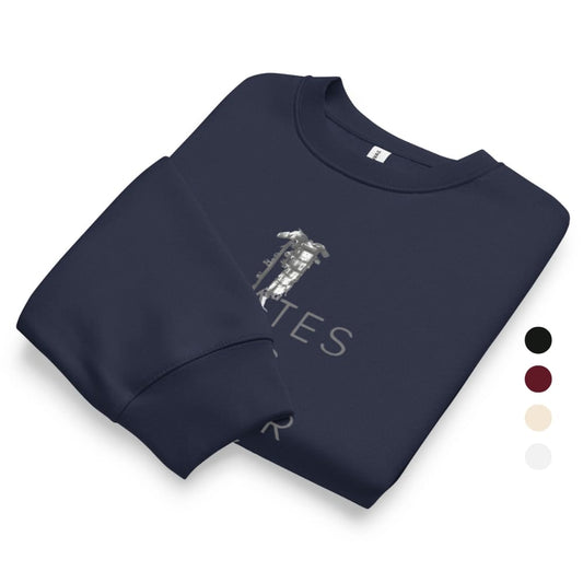 Folded navy blue sweatshirt with a graphic design on a white background