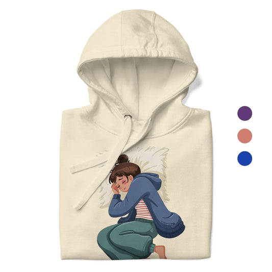 Beige hoodie with a graphic of a person sitting on the ground, wearing a blue hoodie and green pants.