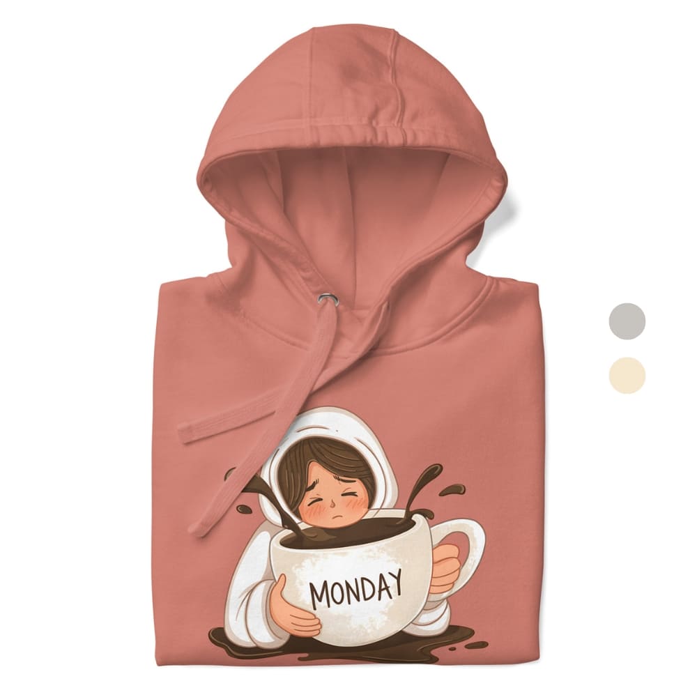 Pink hoodie with a graphic of a girl holding a coffee cup labeled 'Monday'
