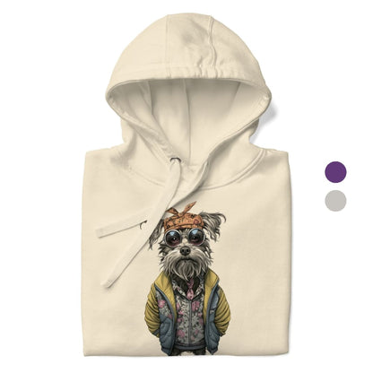Beige hoodie with a dog graphic on a white background