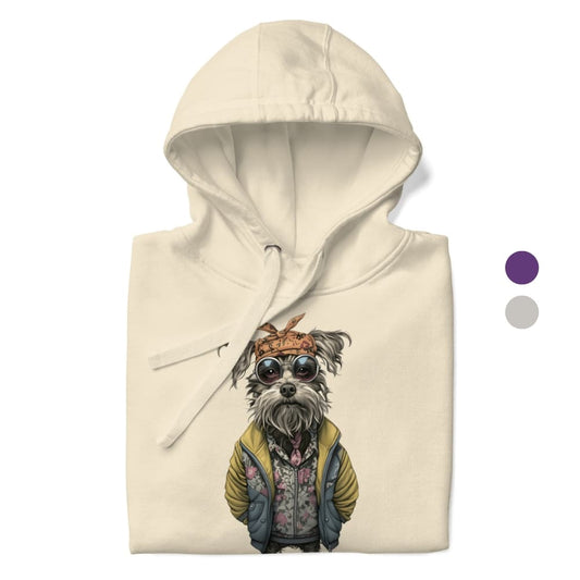 Beige hoodie with a dog graphic on a white background