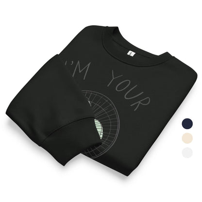 Folded black sweatshirt with text and design on a white background