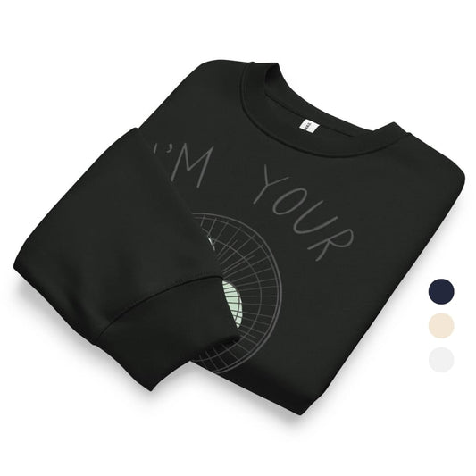 Folded black sweatshirt with text and design on a white background