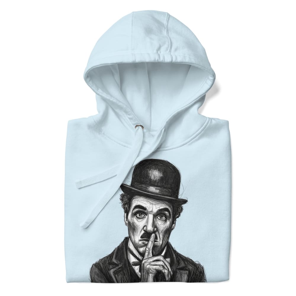 Light blue hoodie with a graphic of a person in a bowler hat and trench coat on a white background