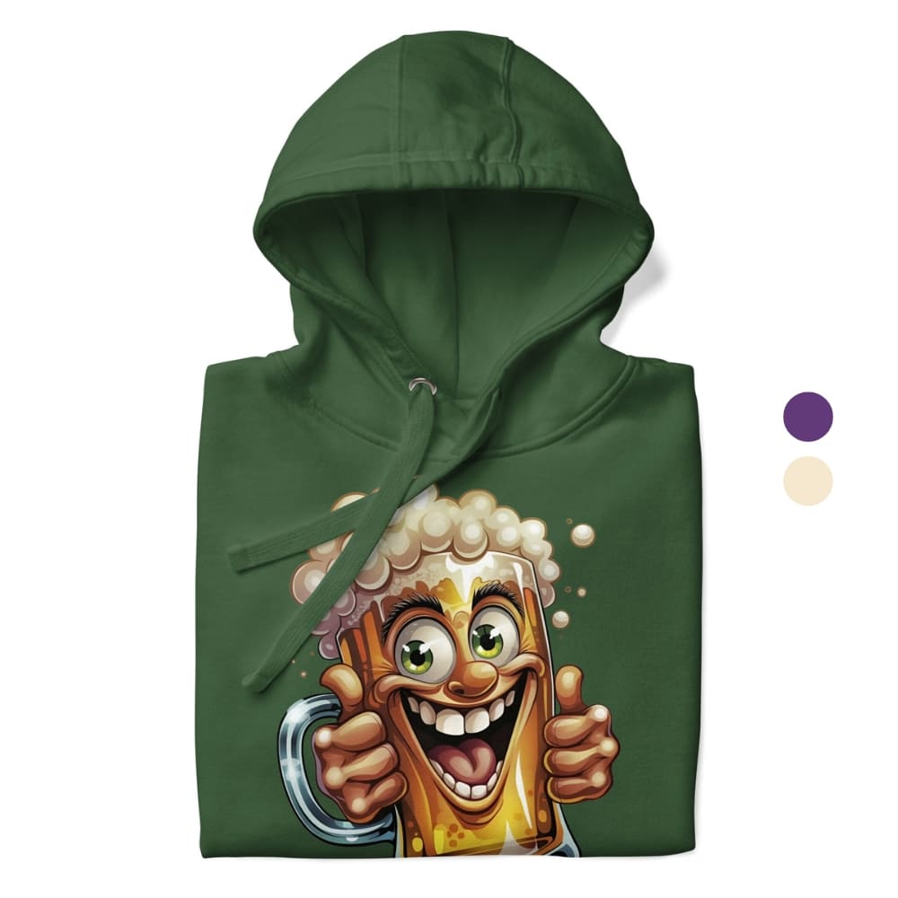 Green hoodie with a cartoon beer mug design on a white background