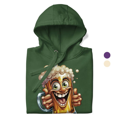 Green hoodie with a cartoon beer mug design on a white background