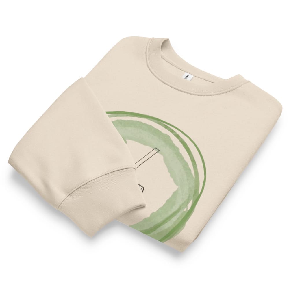 Beige sweatshirt with green abstract design on a white background