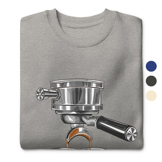 Gray t-shirt with a coffee press graphic on a white background