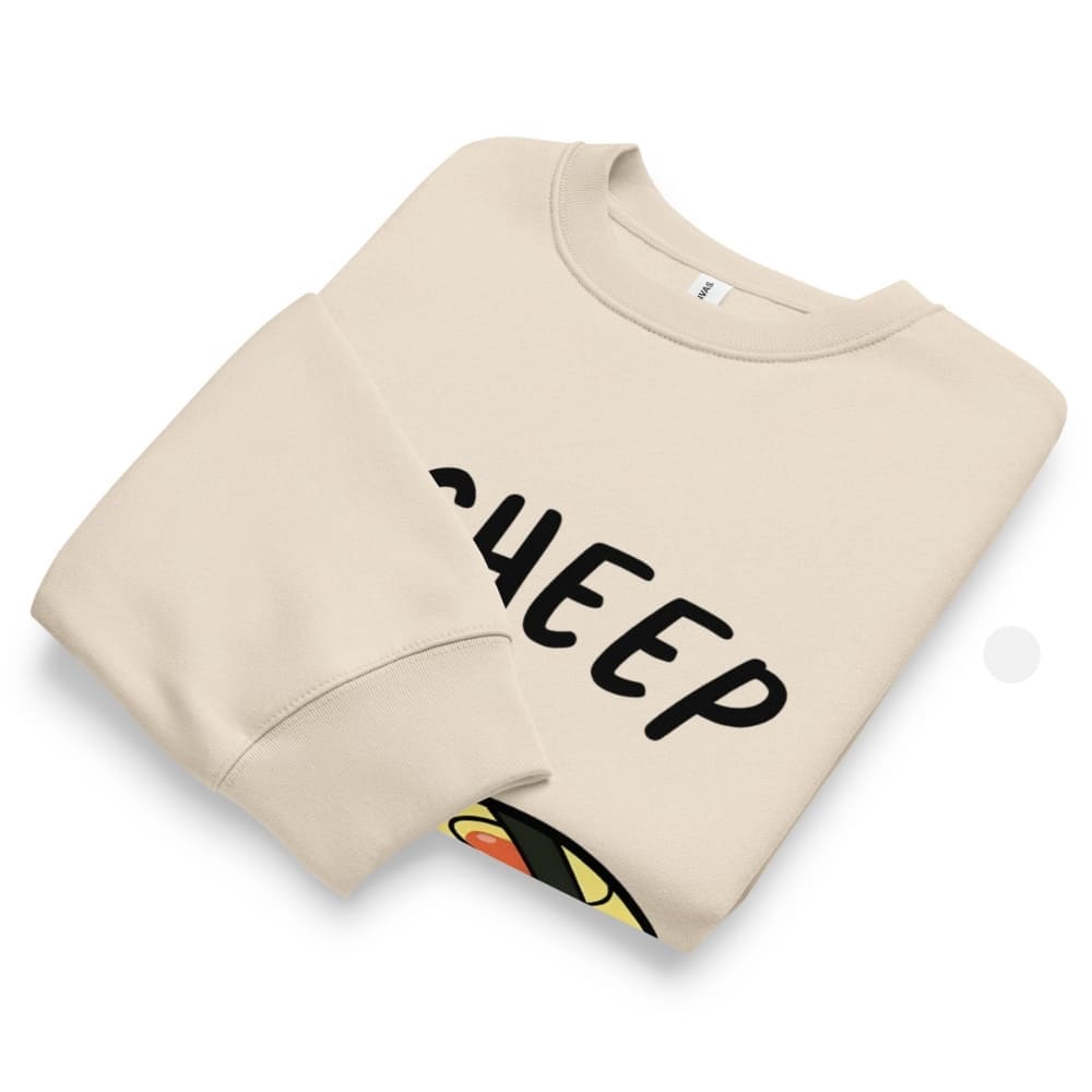 Beige sweatshirt with 'CHEEP' text and colorful design on a white background