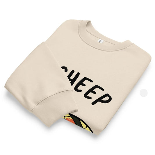 Beige sweatshirt with 'CHEEP' text and colorful design on a white background