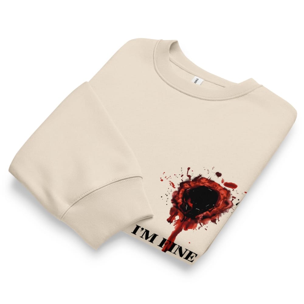 Beige sweatshirt with a graphic design and text 'I'm Fine' on a white background