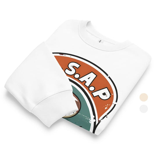 White t-shirt with a graphic design featuring 'S.A.P.' on a white background