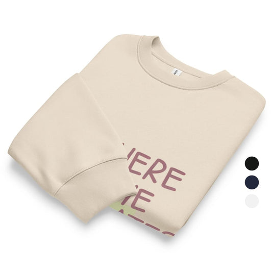 Beige sweatshirt with text on a white background