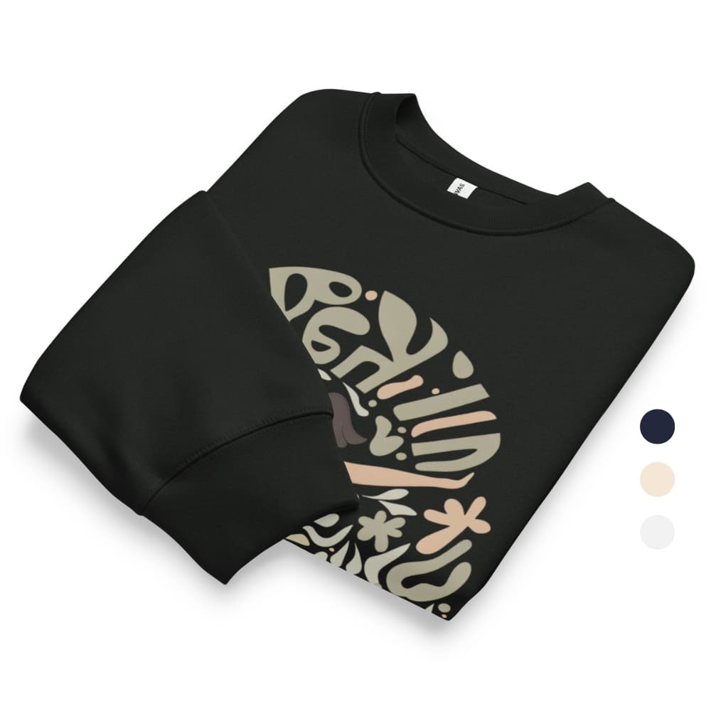 Black sweatshirt with colorful graphic design on a white background