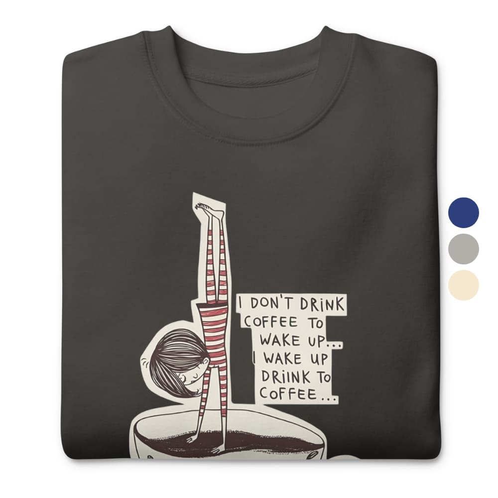 Black t-shirt with a coffee-themed graphic and text on a white background