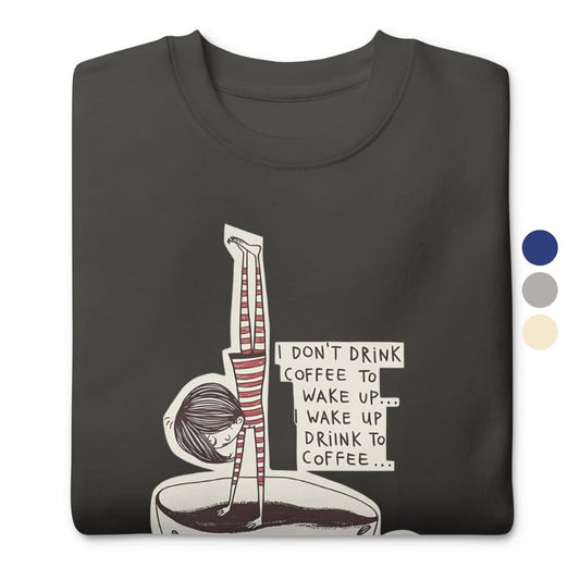 Black t-shirt with a coffee-themed graphic and text on a white background