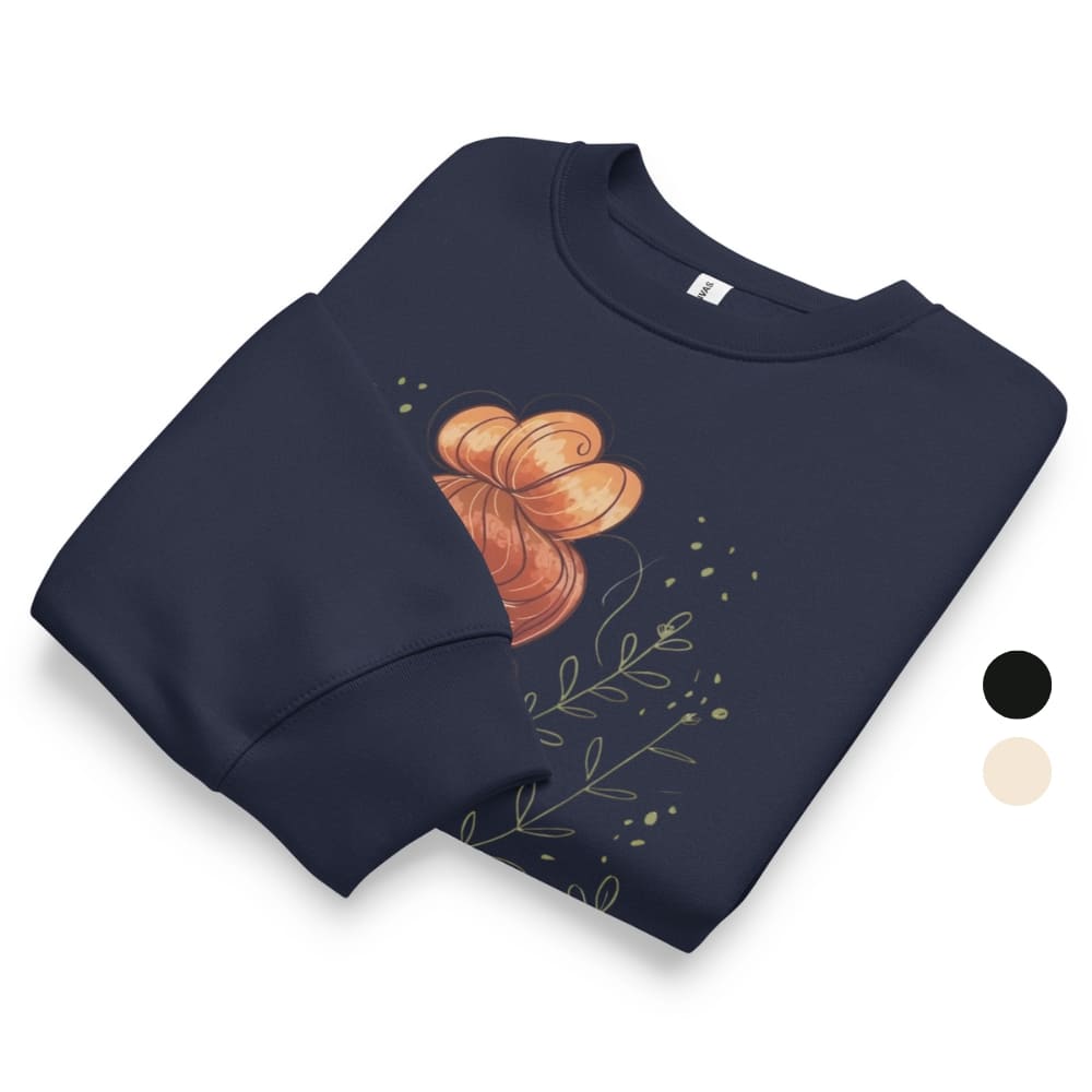 Navy blue sweatshirt with orange floral design on a white background