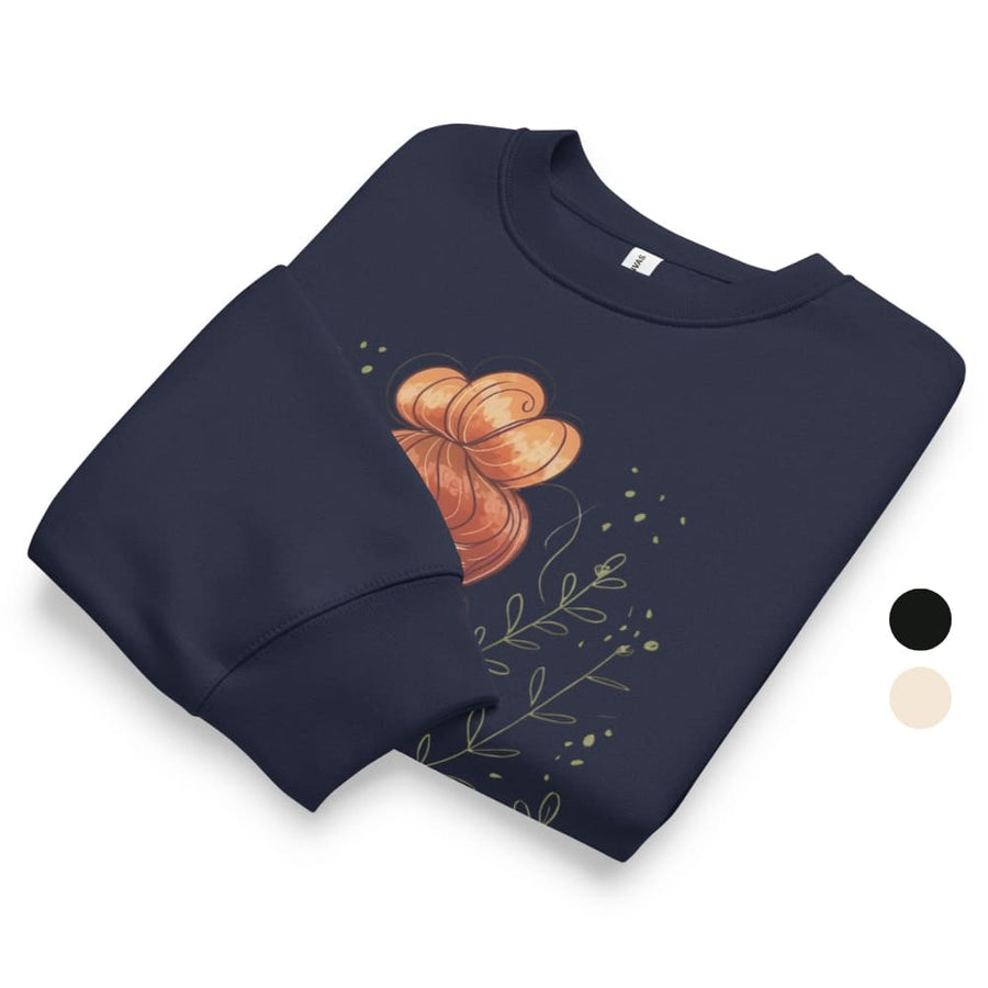 Navy blue sweatshirt with orange floral design on a white background