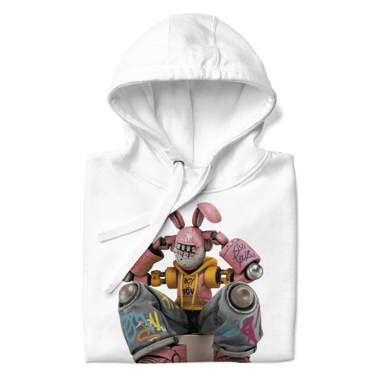 White hoodie with a colorful graphic design on a white background
