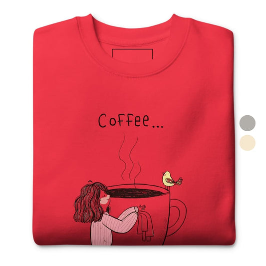 Red t-shirt with a coffee-themed design on a white background