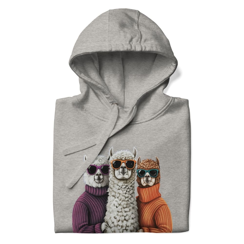 Gray hoodie with a design of three llamas wearing sunglasses and sweaters on a white background