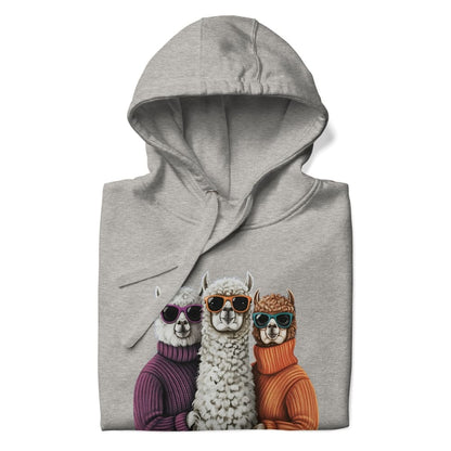 Gray hoodie with a design of three llamas wearing sunglasses and sweaters on a white background