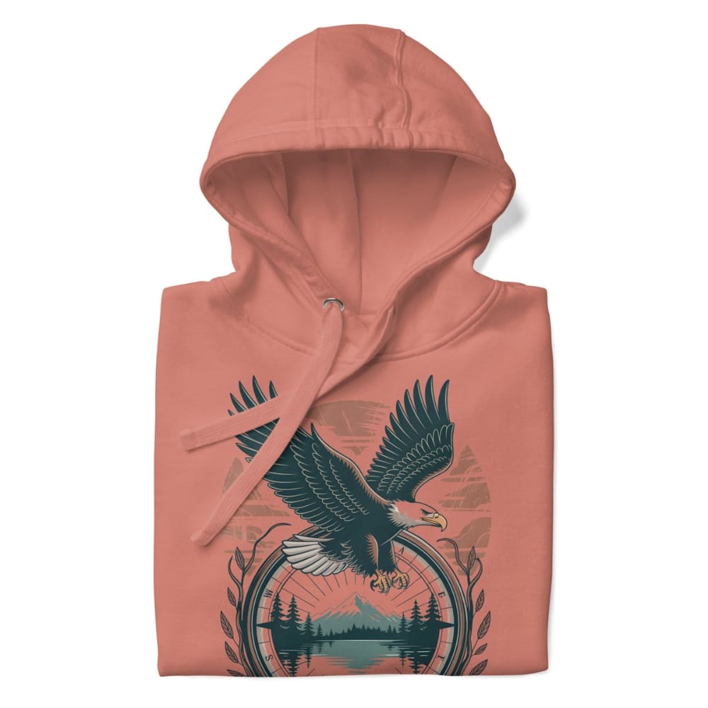 Coral hoodie with an eagle design on a white background
