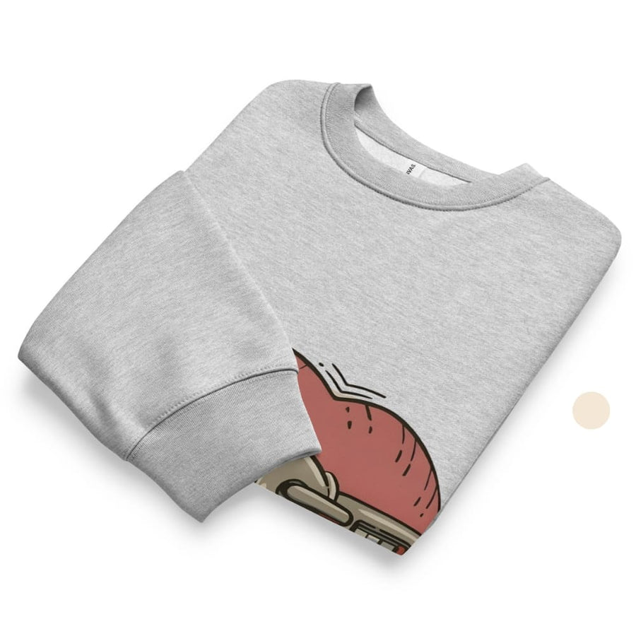 Folded gray sweatshirt with a red and brown graphic on a white background