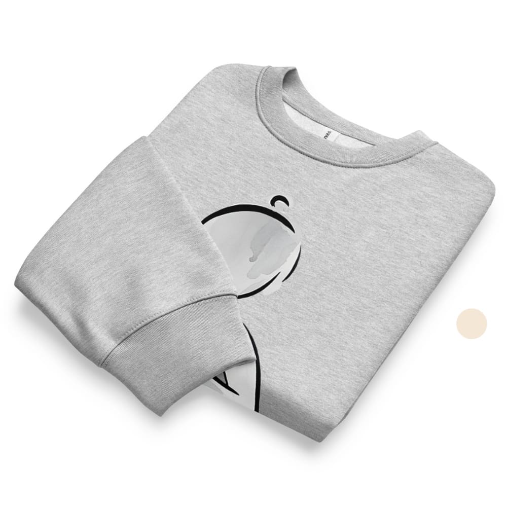 Folded gray sweatshirt with a black logo on a white background
