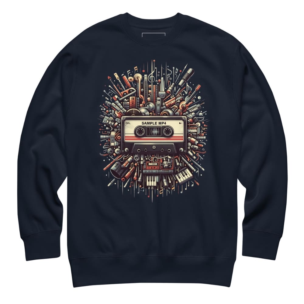 Navy blue sweatshirt with a colorful cassette tape graphic on a white background