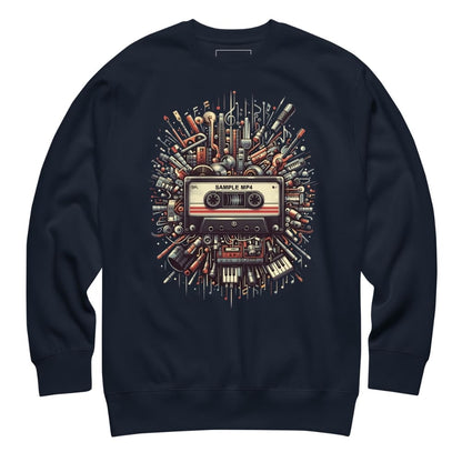 Navy blue sweatshirt with a colorful cassette tape graphic on a white background