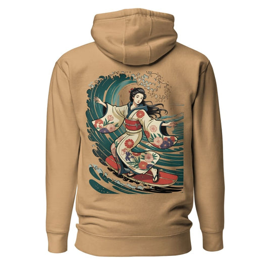 Beige hoodie with a colorful graphic of a woman on the back on a white background