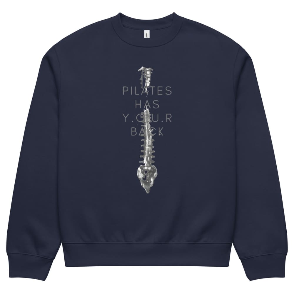 Navy blue sweatshirt with a spine graphic and text on a white background