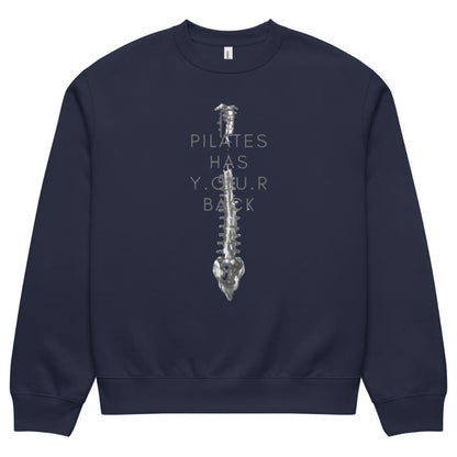 Navy blue sweatshirt with a spine graphic and text on a white background