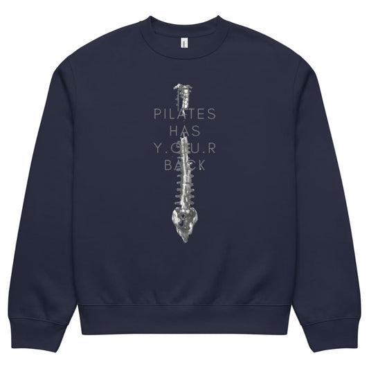 Navy blue sweatshirt with a spine graphic and text on a white background