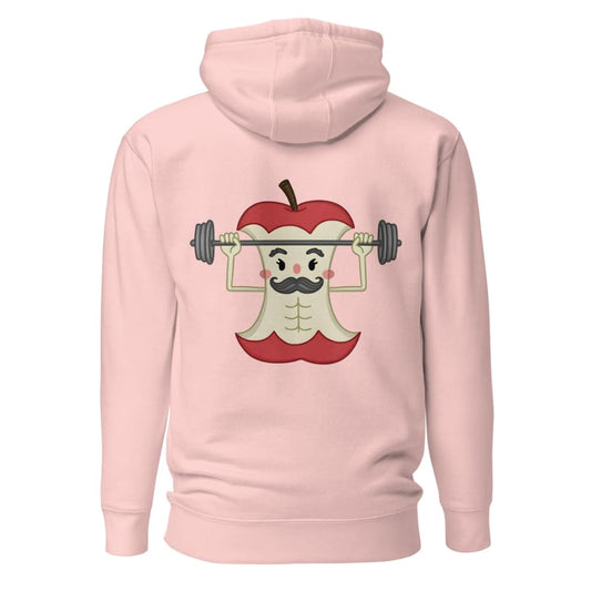 Pink hoodie with a cartoon apple lifting weights design on the back against a white background