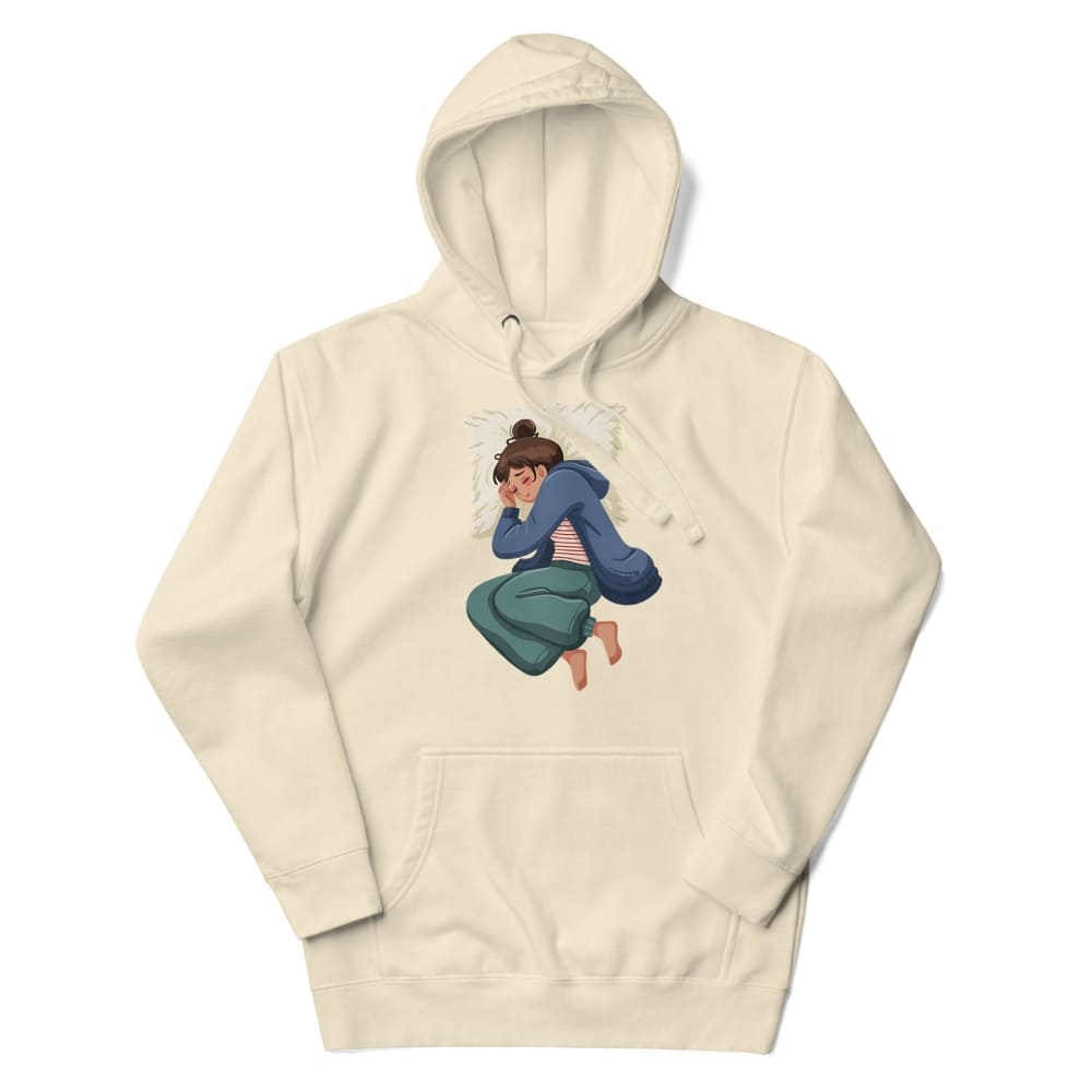 Beige hoodie with a graphic of a woman sitting on a cloud on a white background
