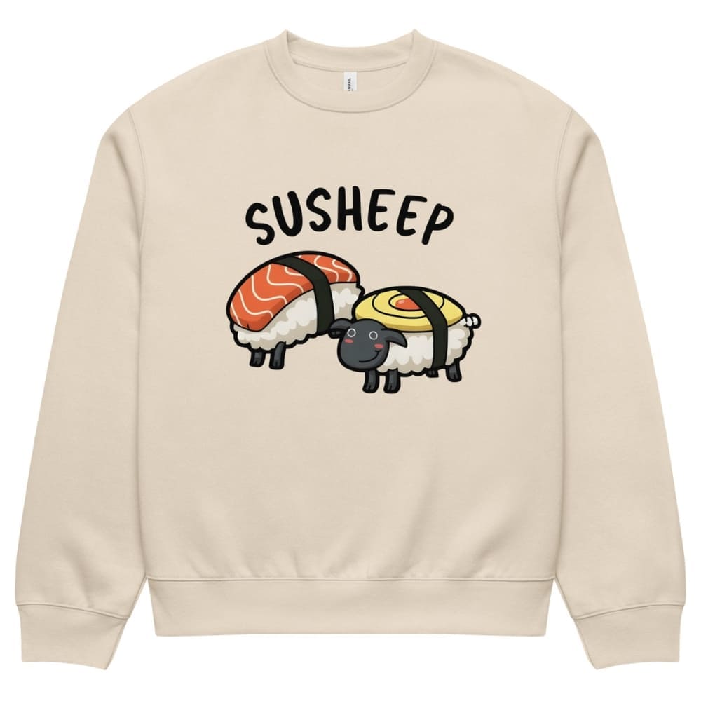 Beige sweatshirt with cartoon sheep and sushi design on a white background