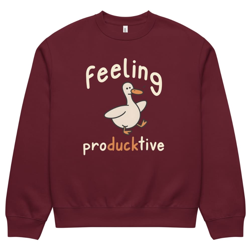 Maroon sweatshirt with a cartoon duck and text 'Feeling producktive' on a white background