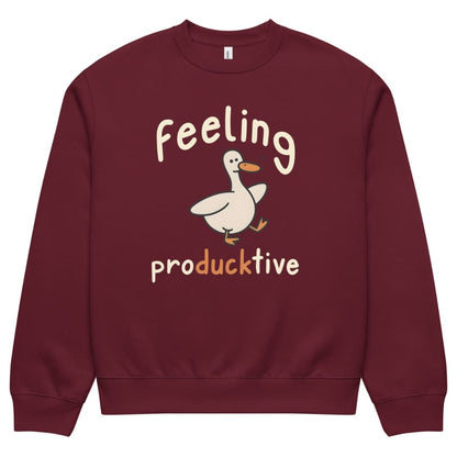 Maroon sweatshirt with a cartoon duck and text 'Feeling producktive' on a white background