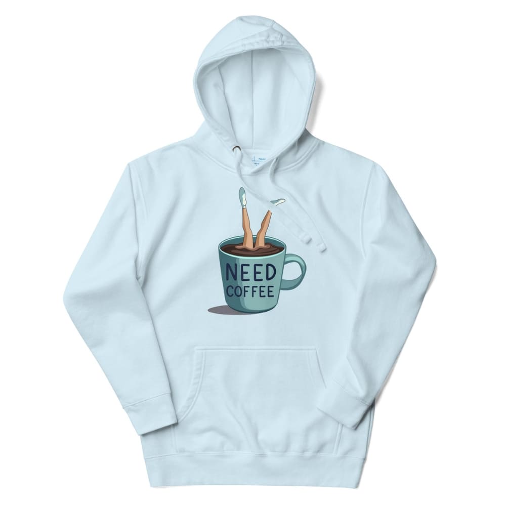 Light blue hoodie with a graphic of a coffee cup and text 'NEED COFFEE' on a white background