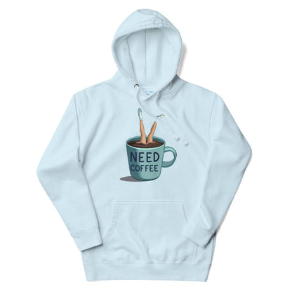 Light blue hoodie with a graphic of a coffee cup and text 'NEED COFFEE' on a white background