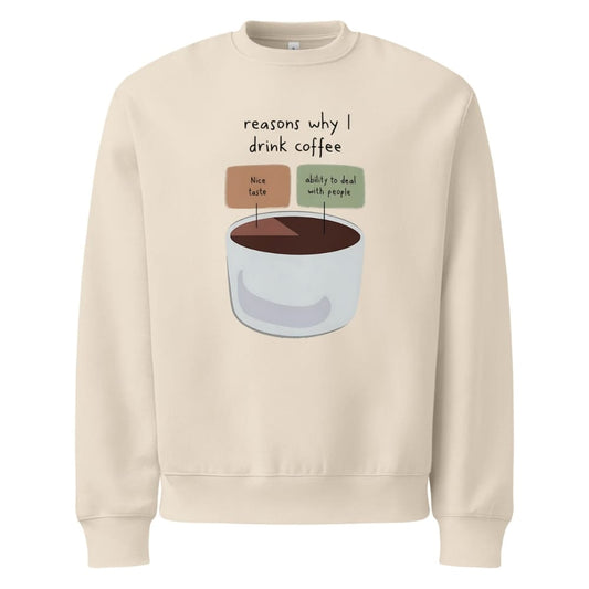 Beige sweatshirt with a graphic of a coffee cup and text 'reasons why I drink coffee' on a white background