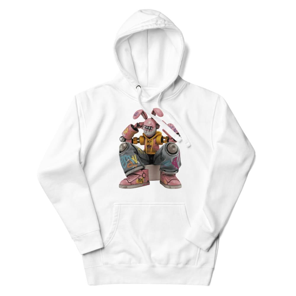 White hoodie with a colorful graphic of a character on a white background