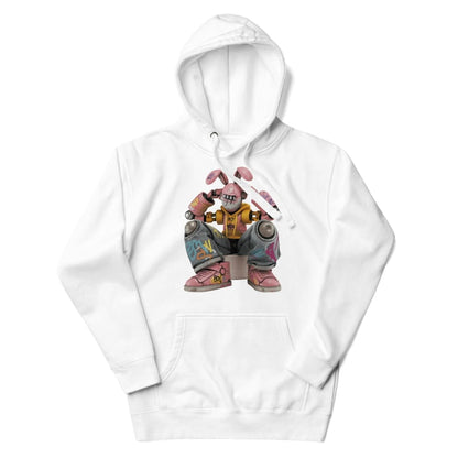 White hoodie with a colorful graphic of a character on a white background