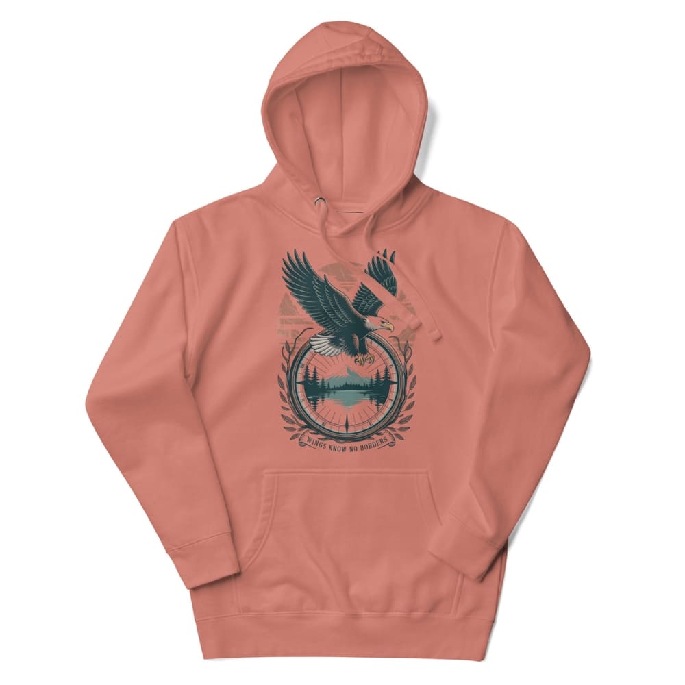 Coral hoodie with a graphic design on a white background
