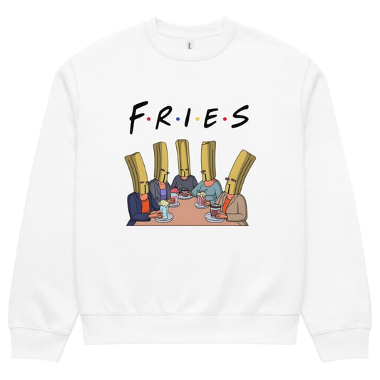 White sweatshirt with 'FRIES' graphic design on a white background