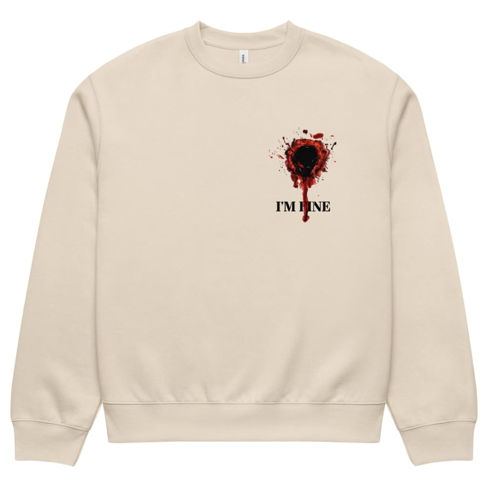 Beige sweatshirt with a graphic design and text 'I'm Fine' on a white background